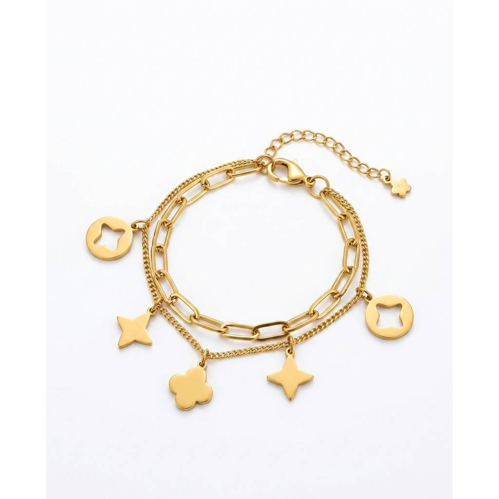 18K Gold Plated Double Layer Star & Clover Multi-Charm Bracelet : RJFSBR92
