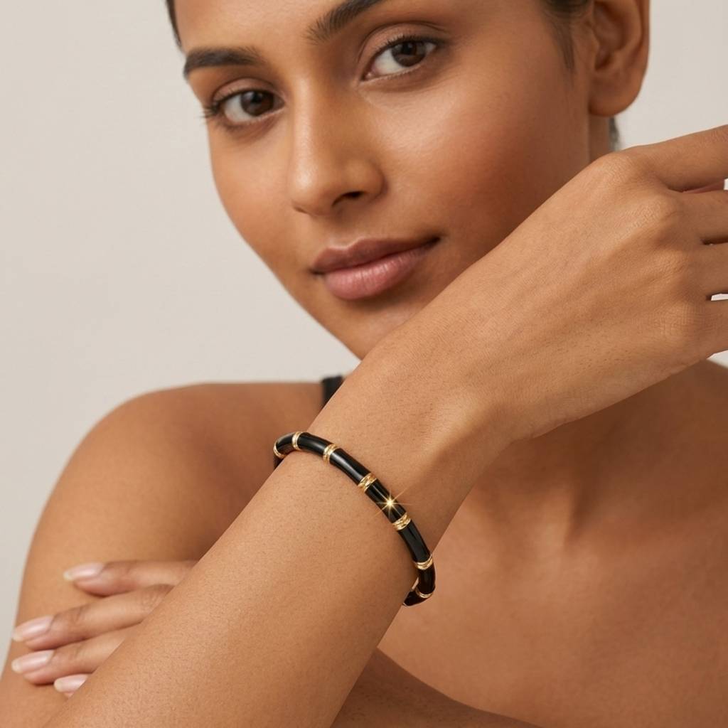 18K Gold Plated Black Enamel Gold Station Stretch Bangle Bracelet : RJFSBR93