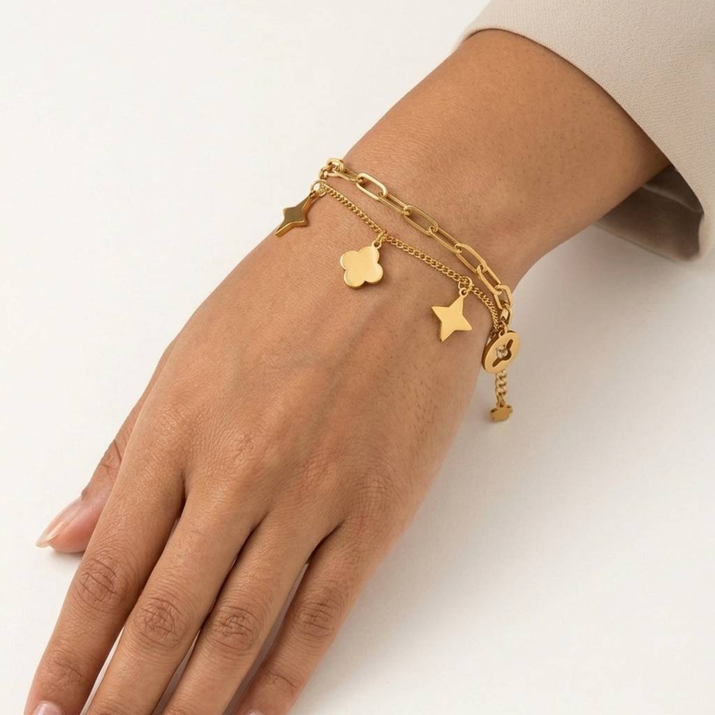 18K Gold Plated Double Layer Star & Clover Multi-Charm Bracelet : RJFSBR92