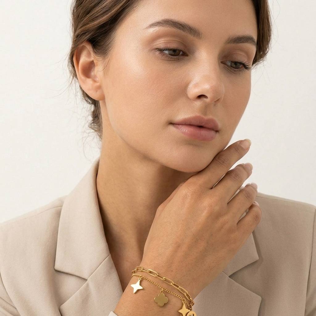 18K Gold Plated Double Layer Star & Clover Multi-Charm Bracelet : RJFSBR92