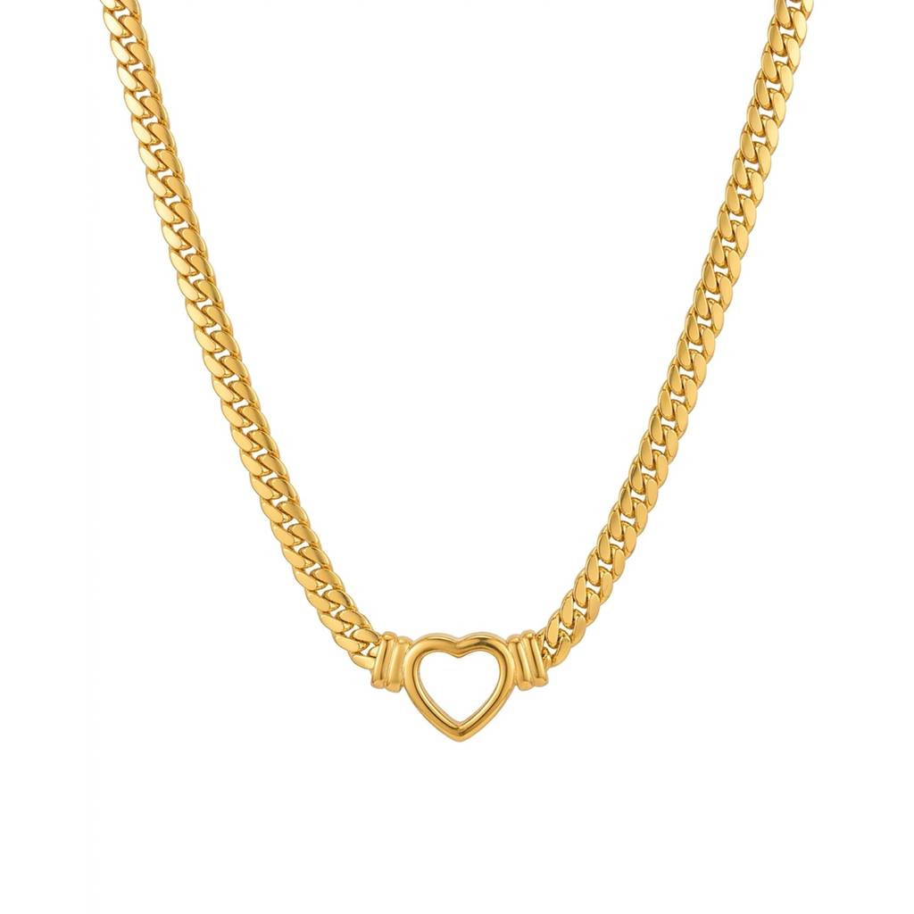 18K Gold Plated Chunky Curb Chain Open Heart Charm Necklace : RJFSPN161
