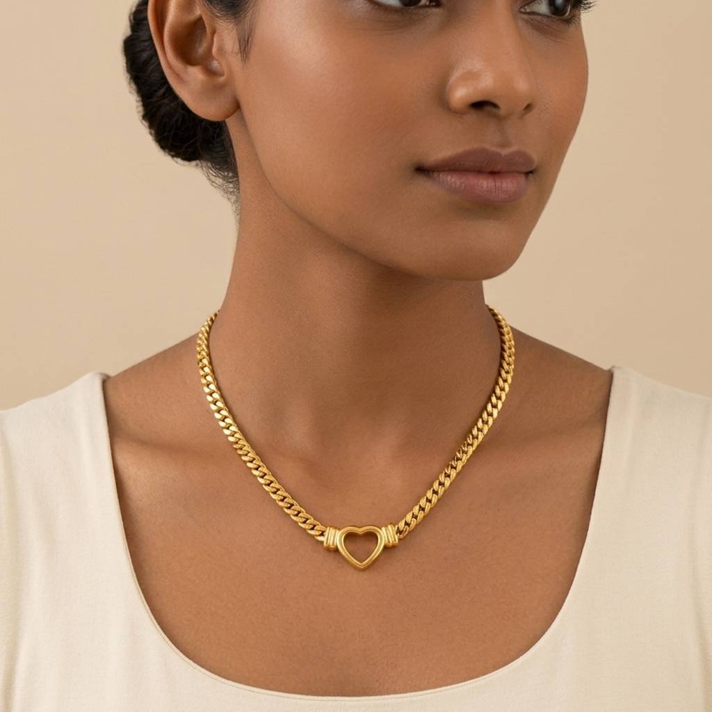 18K Gold Plated Chunky Curb Chain Open Heart Charm Necklace : RJFSPN161