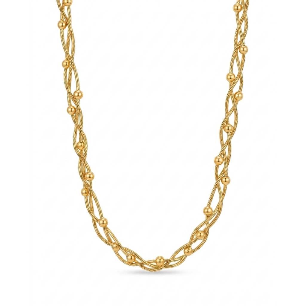 18K Gold Plated Braided Twisted Snake Chain Ball Station Necklace : RJFSPN157