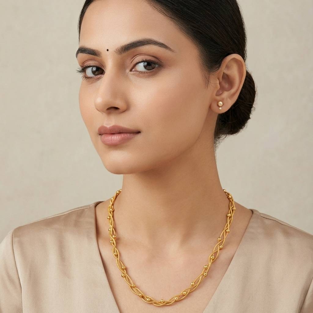 18K Gold Plated Braided Twisted Snake Chain Ball Station Necklace : RJFSPN157