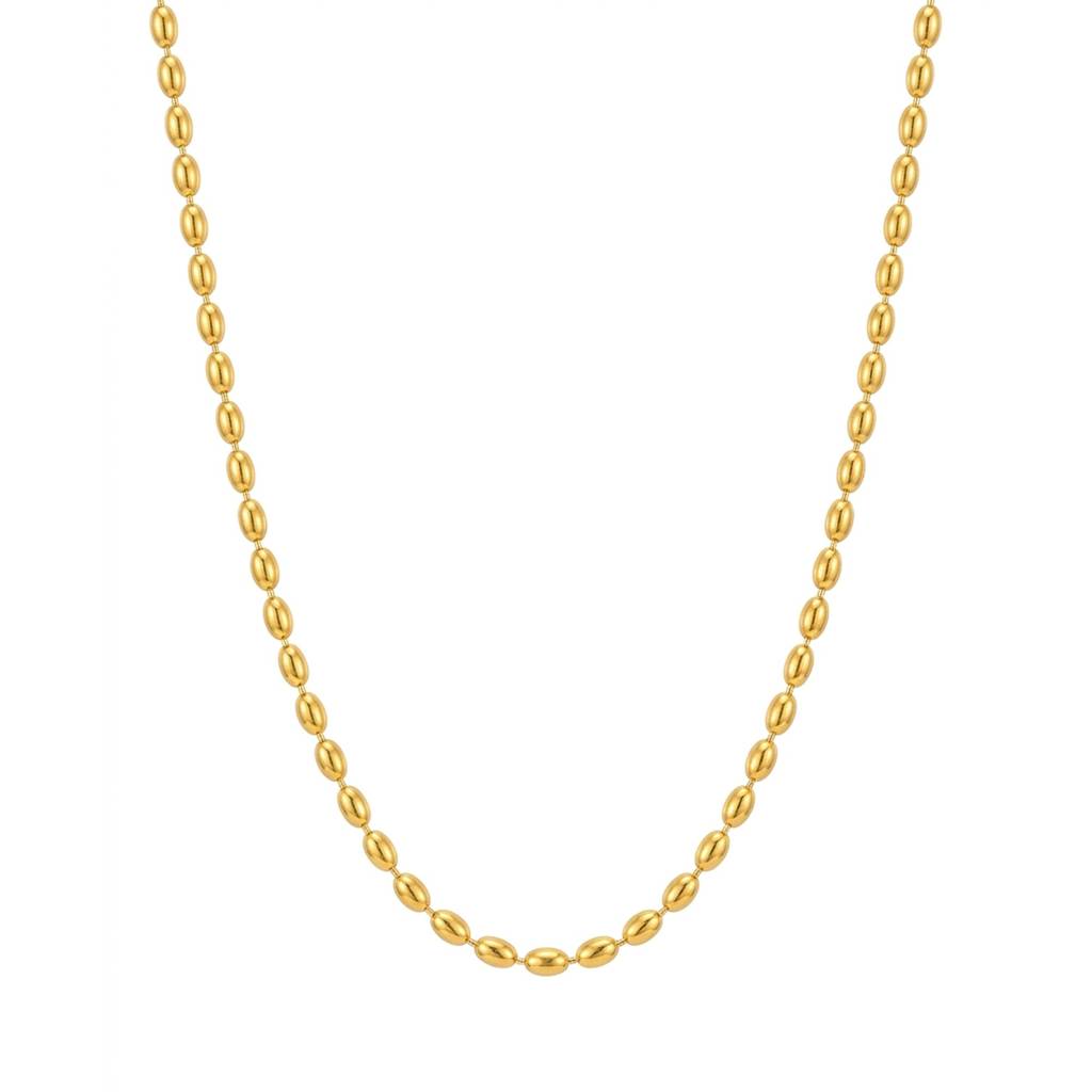 18K Gold Plated Glossy Oval Bead Chain Necklace : RJFSPN154