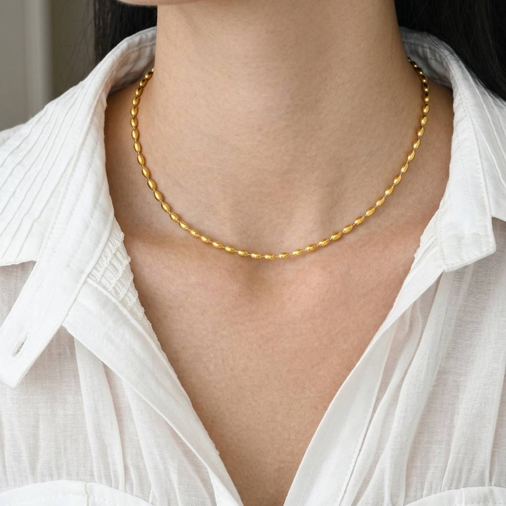 18K Gold Plated Glossy Oval Bead Chain Necklace : RJFSPN154