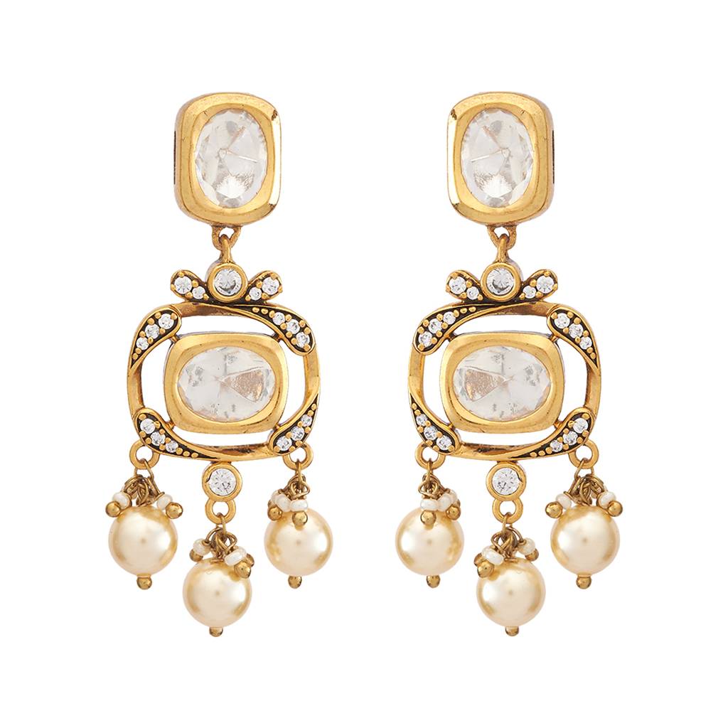 Kushal'S Fashion Jewellery White Victorian Plated Party Kundan Drop Earrings - 425796 : 425796