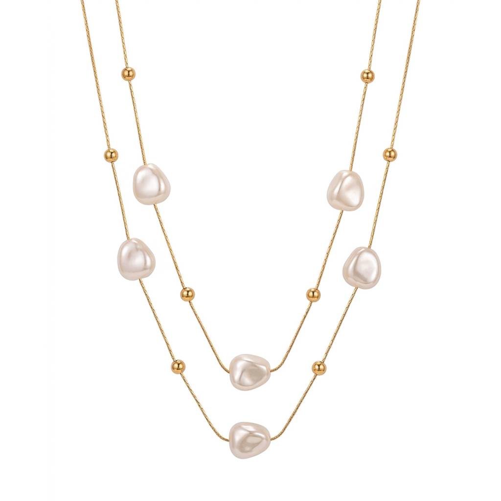 18K Gold Plated Double Layer Baroque Pearl & Ball Station Necklace : RJFSPN173