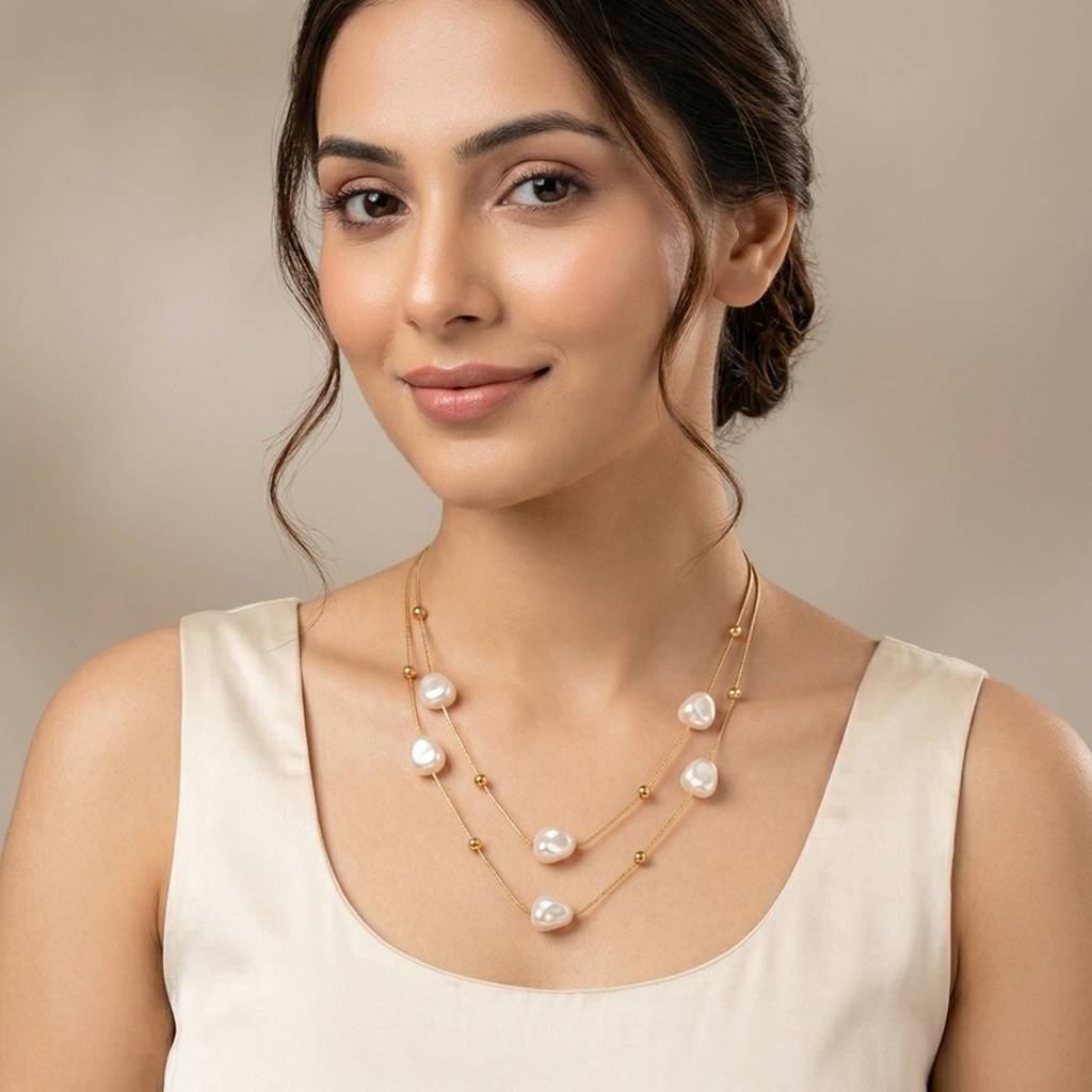 18K Gold Plated Double Layer Baroque Pearl & Ball Station Necklace : RJFSPN173