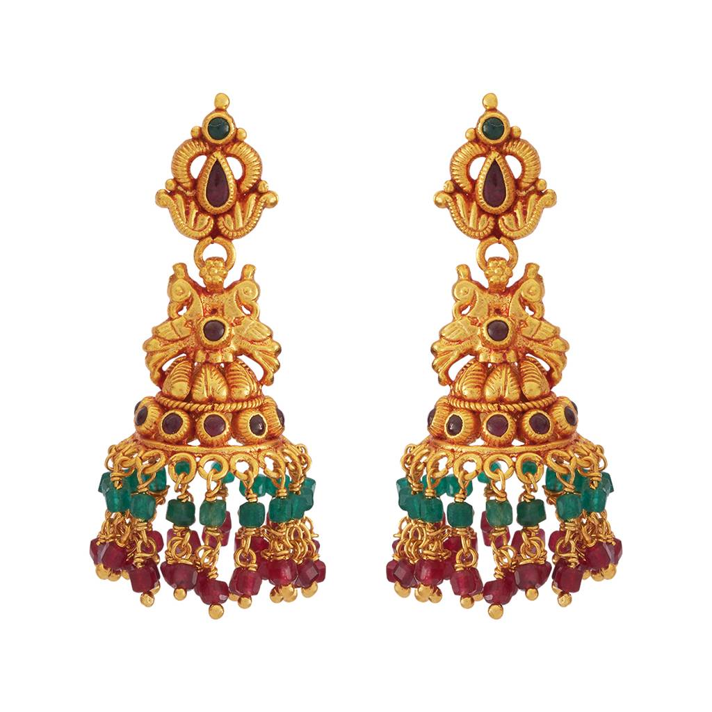 Kushal'S Fashion Jewellery Ruby-Green Gold-Plated Ethnic 92.5 Pure Silver Temple Jhumkas - 425912 : 425912