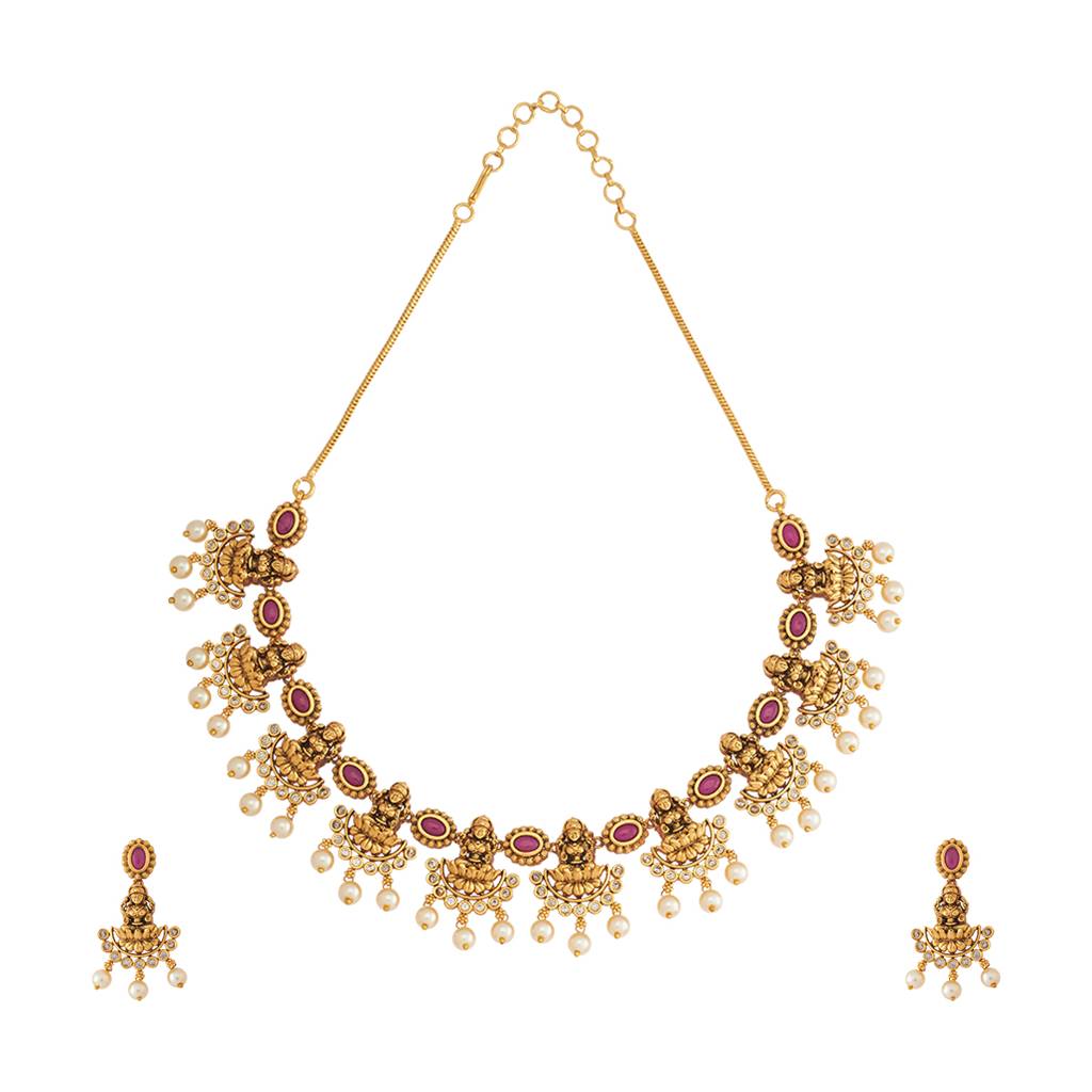 Kushal'S Fashion Jewellery Ruby Gold-Plated Ethnic Antique Jewellery Set - 425948 : 425948