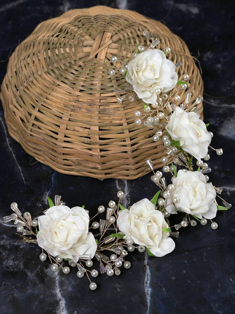 White Rose Pearl Beaded Designer Hair Accessory : SJHC1777