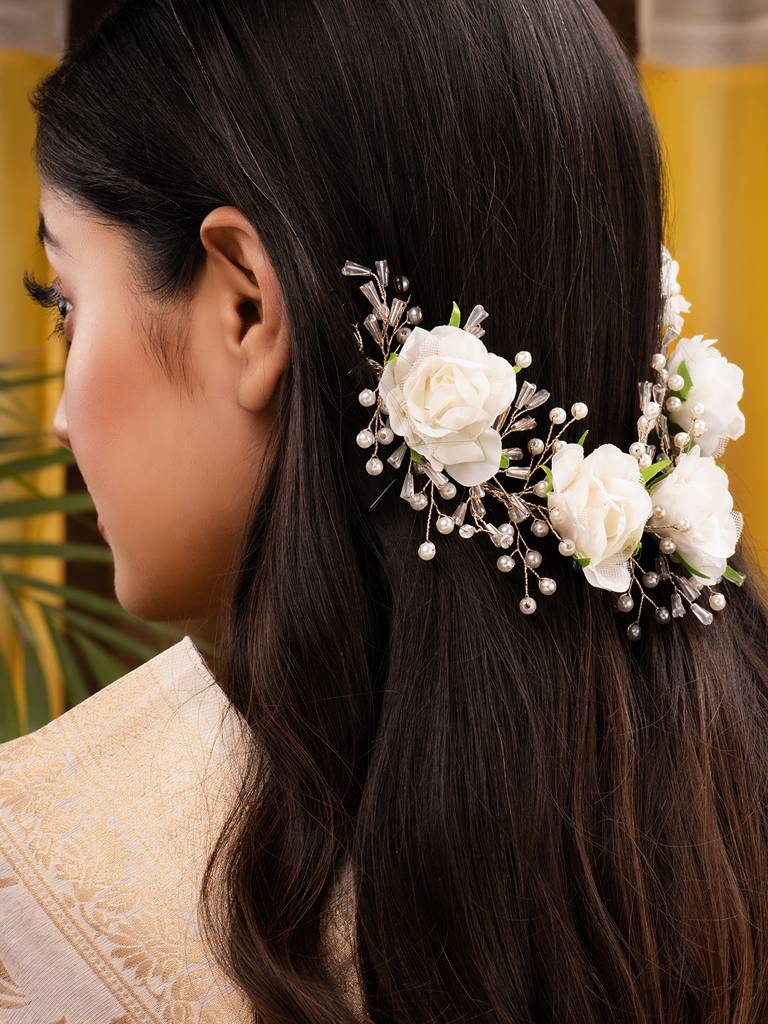 White Rose Pearl Beaded Designer Hair Accessory : SJHC1777