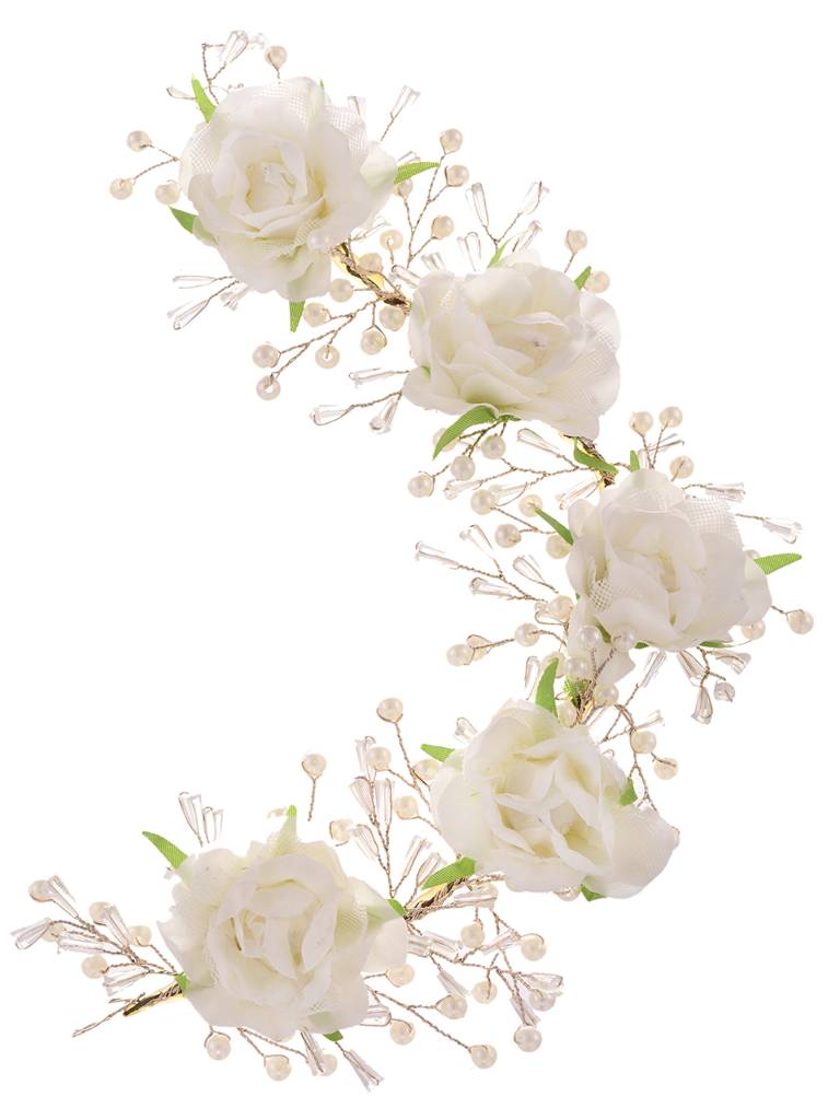 White Rose Pearl Beaded Designer Hair Accessory : SJHC1777