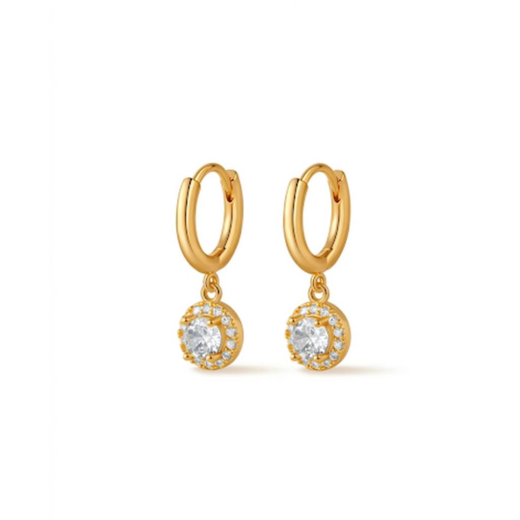 18K Gold Plated Round Halo Cz Drop Huggie Earrings : RJFSER198