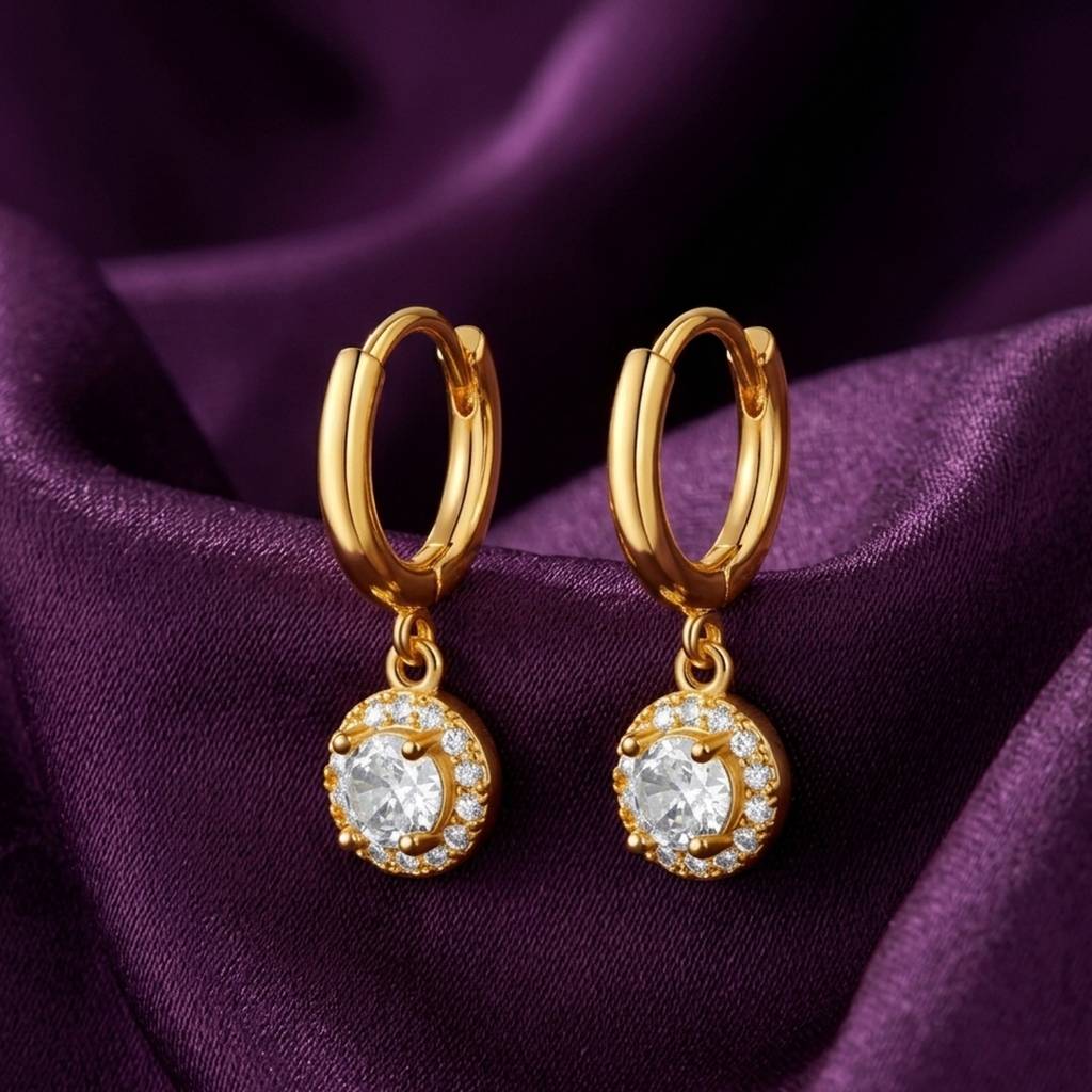 18K Gold Plated Round Halo Cz Drop Huggie Earrings : RJFSER198