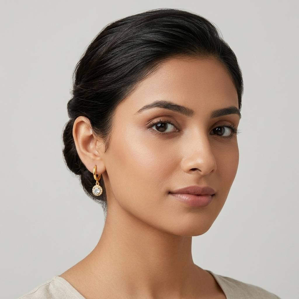 18K Gold Plated Round Halo Cz Drop Huggie Earrings : RJFSER198