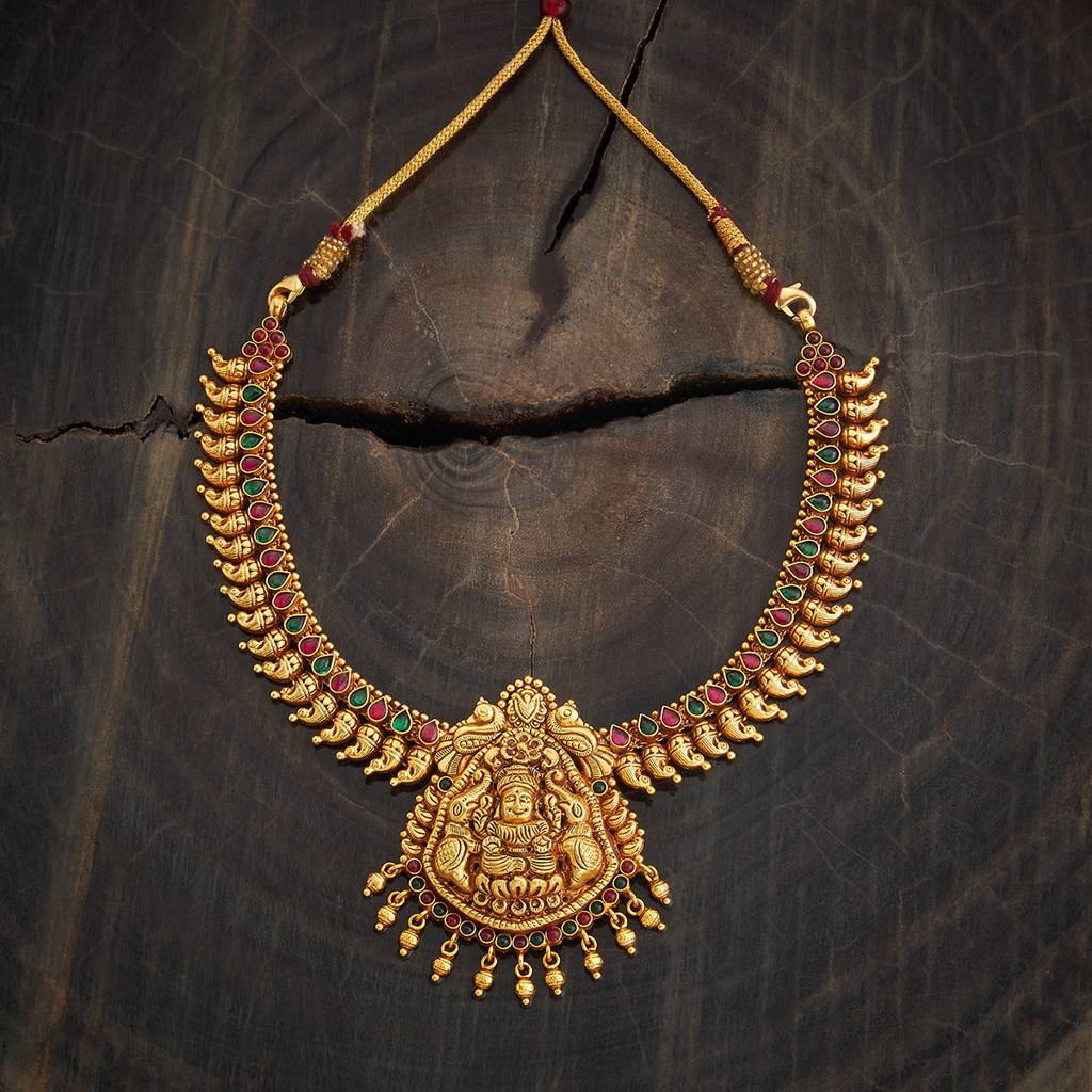Kushal'S Fashion Jewellery Ruby-Green Gold-Plated Ethnic 92.5 Pure Silver Temple Necklace - 436191 : 436191