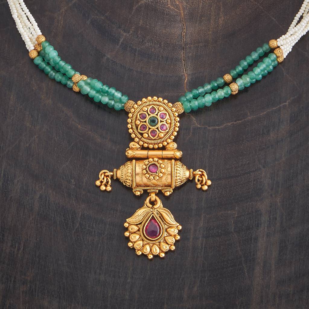 Kushal'S Fashion Jewellery Ruby-Green Gold-Plated Ethnic Antique Necklace - 426048 : 426048