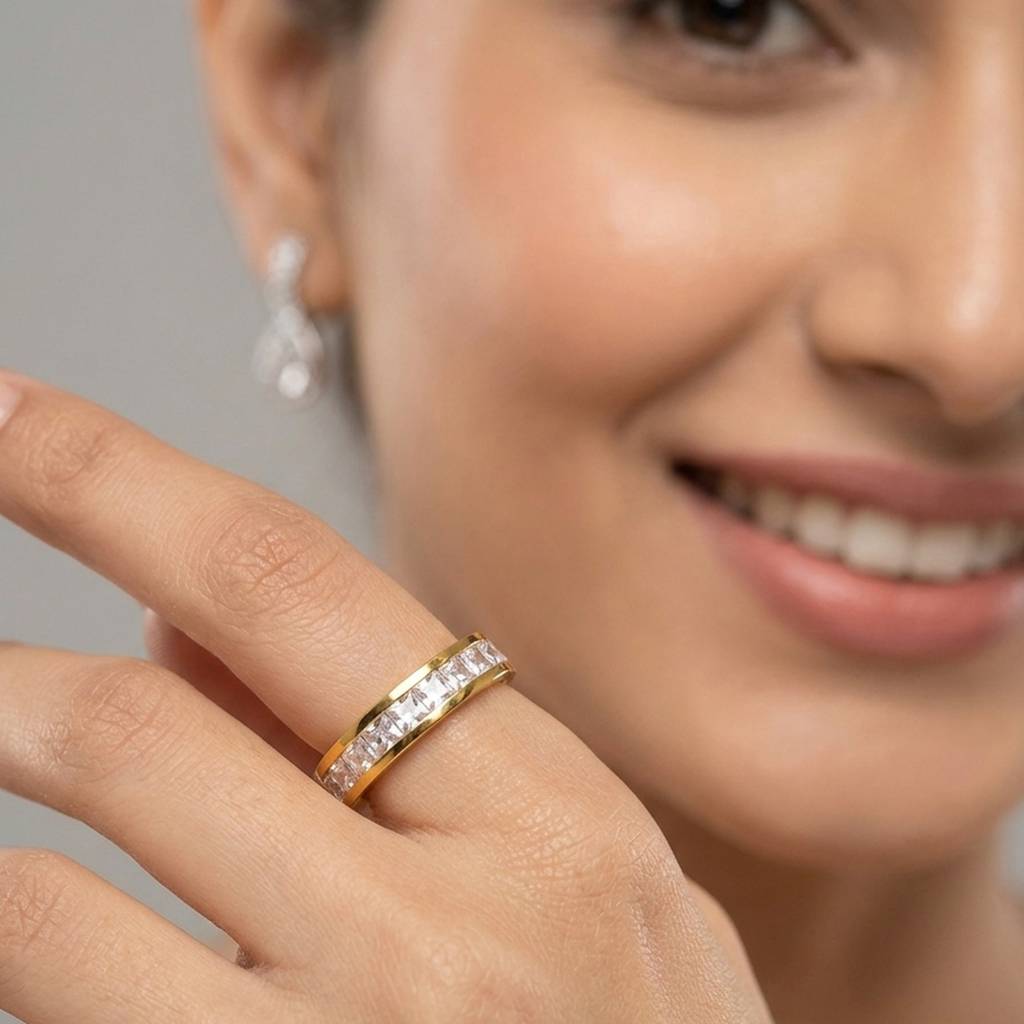 18K Gold Plated Princess Cut Cz Channel-Set Eternity Band Ring : RJFSRG25