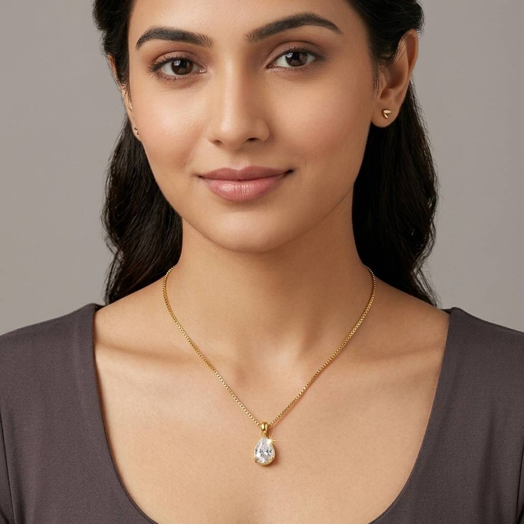 18K Gold Plated Pear Cut Cz Solitaire Pendant Necklace : RJFSPN183