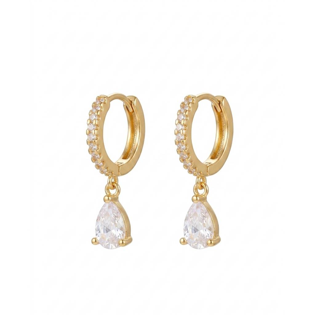 18K Gold Plated Cz Pave Huggie With Pear Drop Earrings : RJFSER189