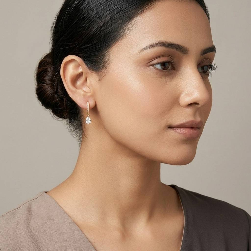 18K Gold Plated Cz Pave Huggie With Pear Drop Earrings : RJFSER189