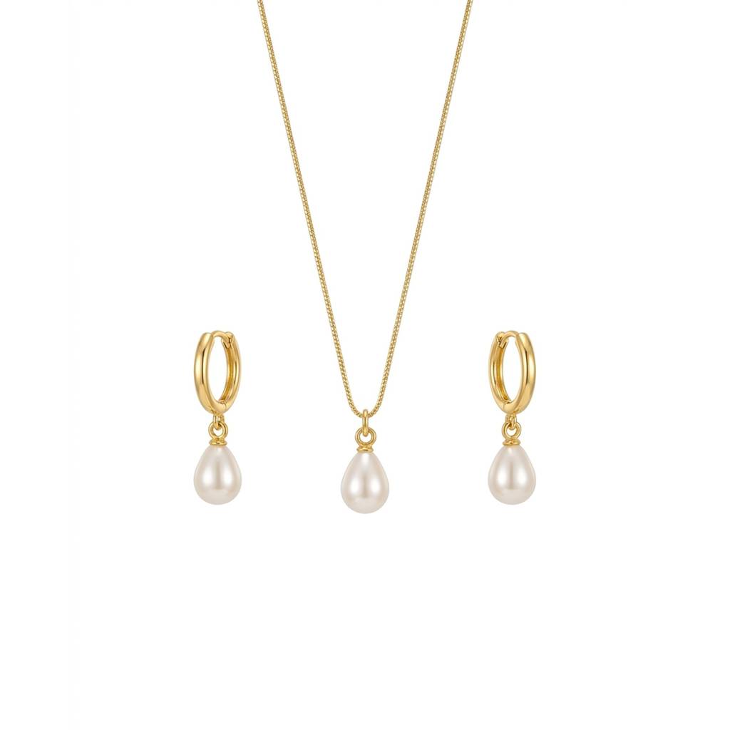 18K Gold Plated Teardrop Pearl Pendant Necklace & Huggie Earrings Set : RJFSJS02