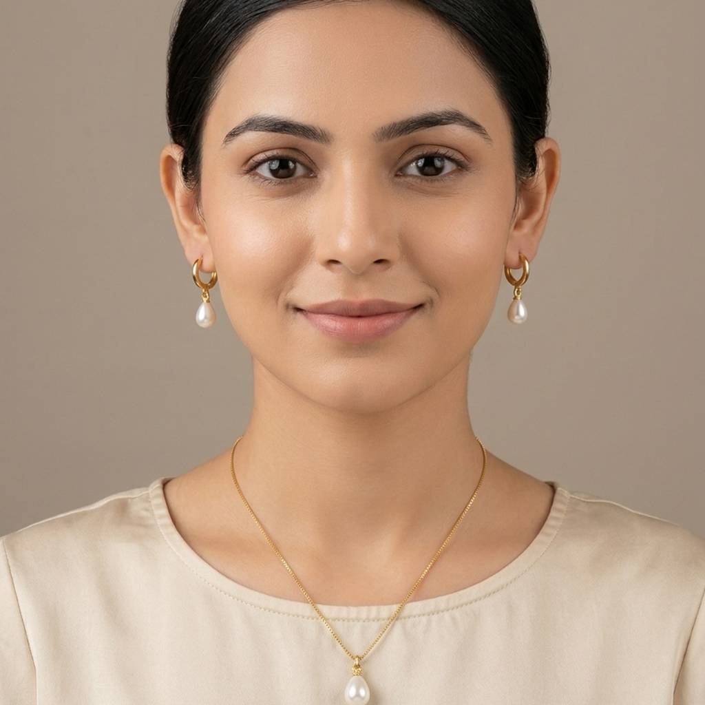 18K Gold Plated Teardrop Pearl Pendant Necklace & Huggie Earrings Set : RJFSJS02
