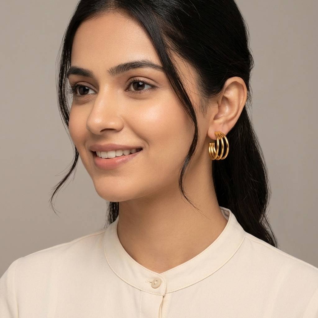 18K Gold Plated Triple Band Open Hoop Earrings : RJFSER183