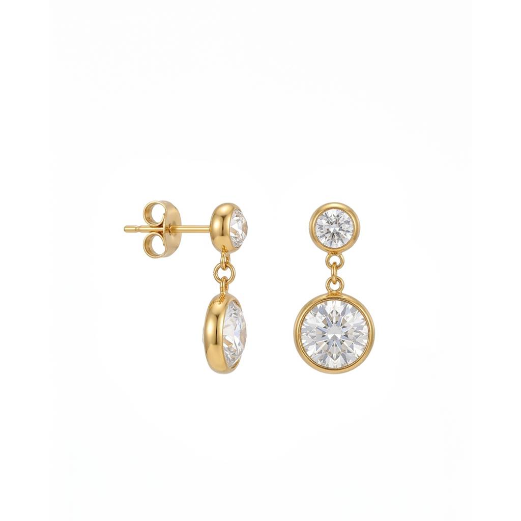 18K Gold Plated Double Bezel Round Cz Drop Stud Earrings : RJFSER173