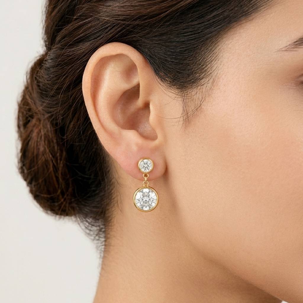 18K Gold Plated Double Bezel Round Cz Drop Stud Earrings : RJFSER173