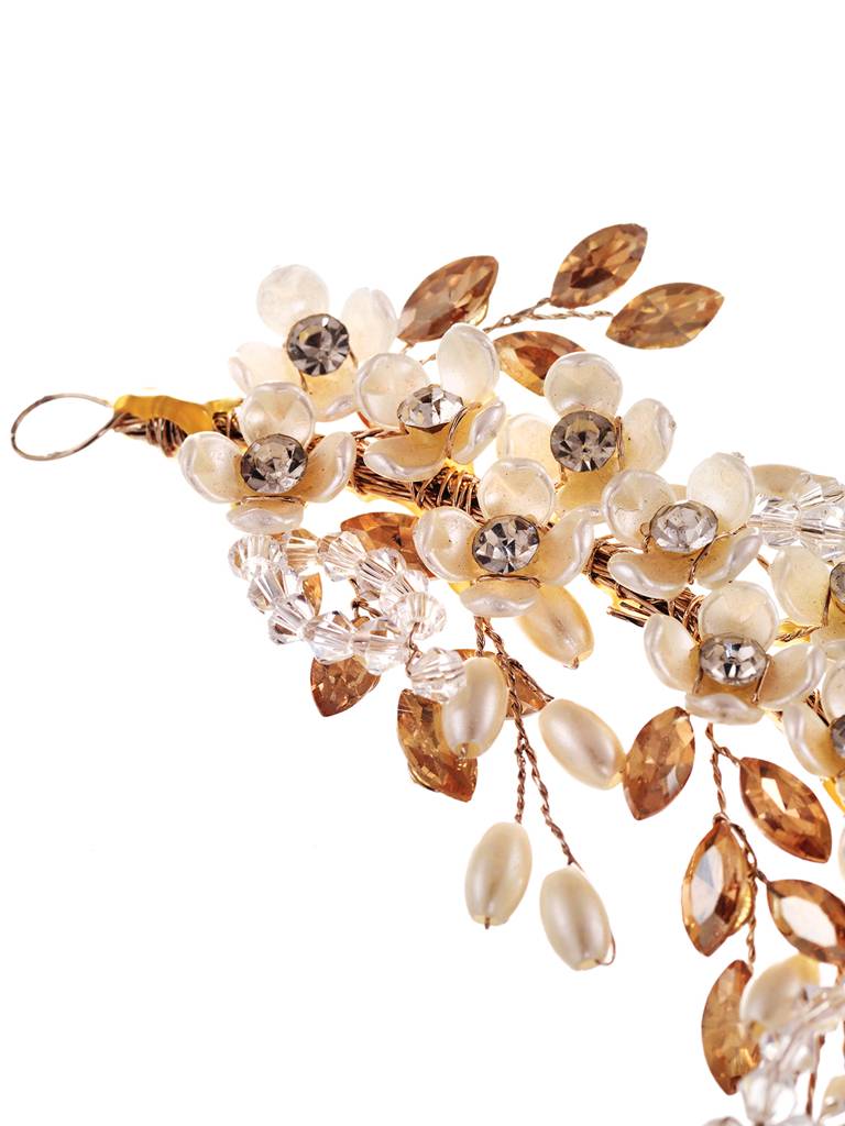 Gold Toned Off White Floral Pearl Embellished Hair Styling Tiara : SJHC1778