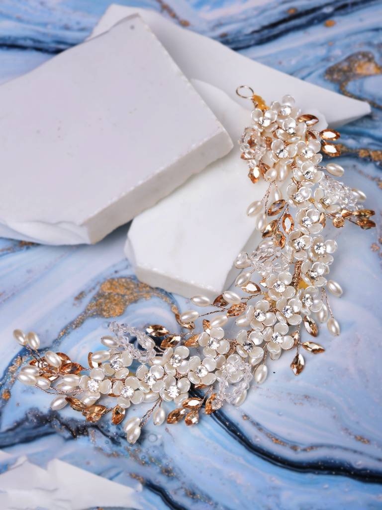 Gold Toned Off White Floral Pearl Embellished Hair Styling Tiara : SJHC1778