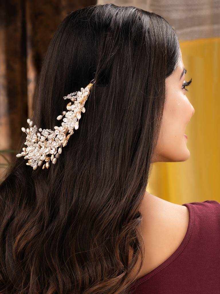 Gold Toned Off White Floral Pearl Embellished Hair Styling Tiara : SJHC1778