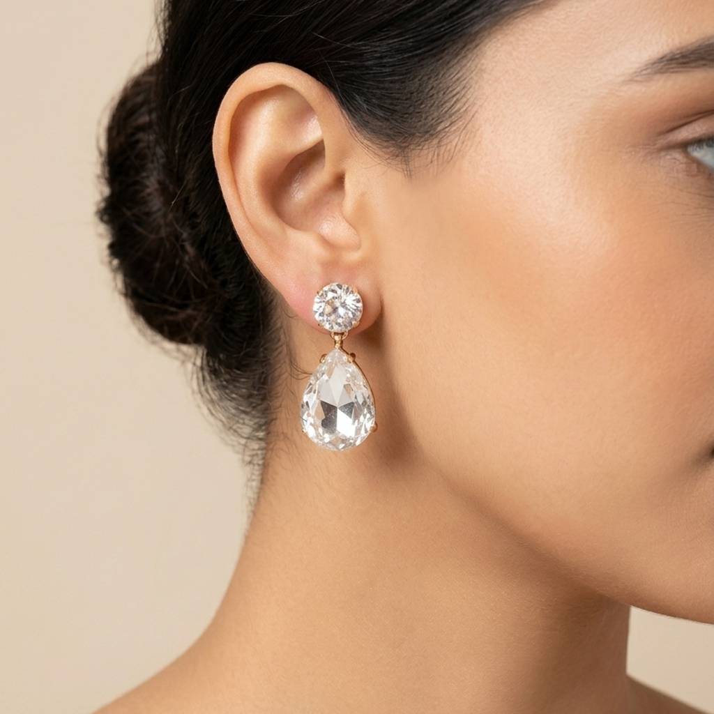 18K Rose Gold Plated Clear Crystal Round & Pear Cz Statement Drop Earrings : RJFSER201