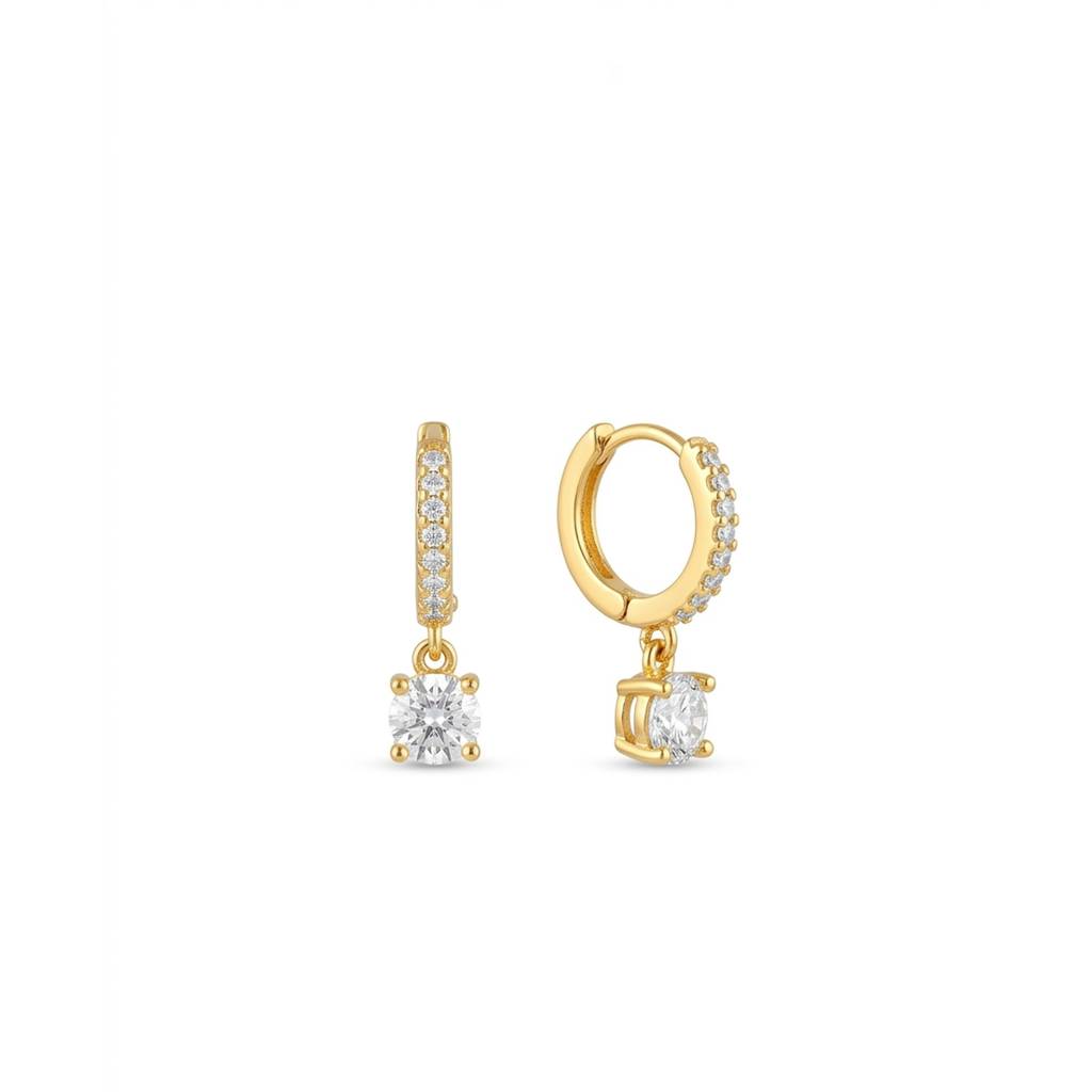 18K Gold Plated Cz Pave Huggie With Round Solitaire Drop Earrings : RJFSER168