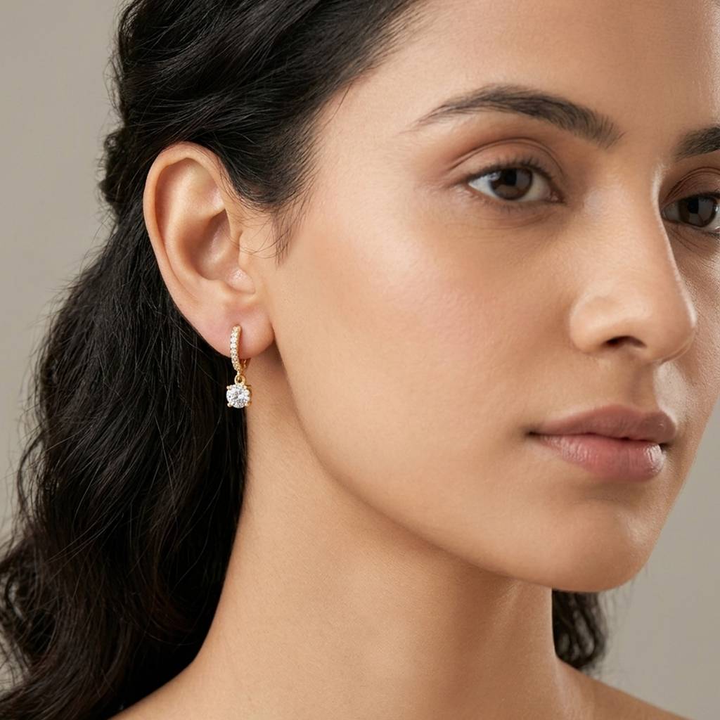 18K Gold Plated Cz Pave Huggie With Round Solitaire Drop Earrings : RJFSER168