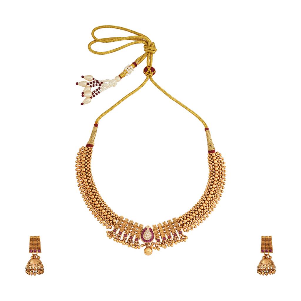 Kushal'S Fashion Jewellery Ruby Gold-Plated Ethnic Antique Jewellery Set - 426195 : 426195