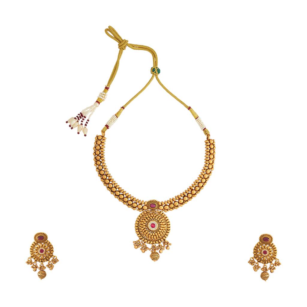 Kushal'S Fashion Jewellery Ruby Gold-Plated Ethnic Antique Jewellery Set - 426223 : 426223