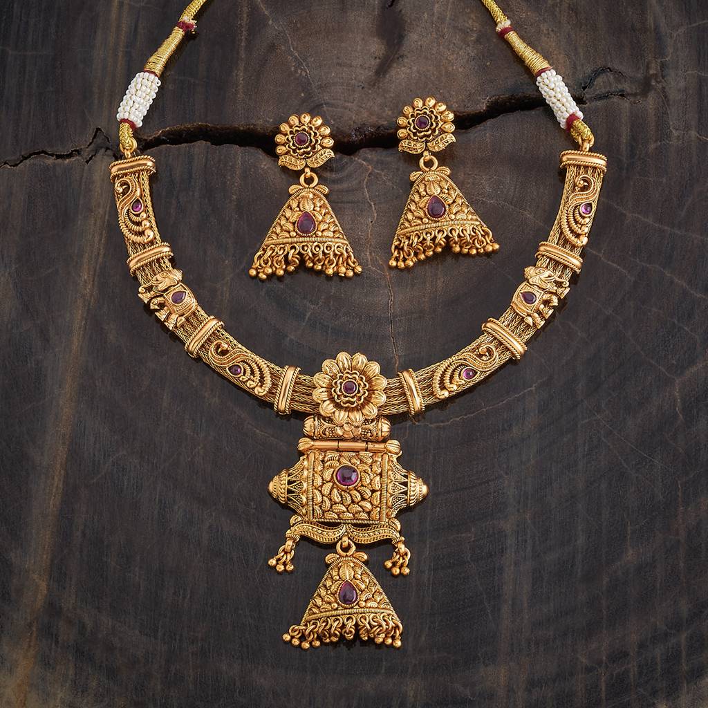 Kushal'S Fashion Jewellery Ruby Gold-Plated Ethnic Antique Jewellery Set - 426224 : 426224