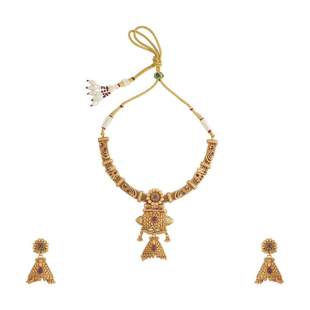 Kushal'S Fashion Jewellery Ruby Gold-Plated Ethnic Antique Jewellery Set - 426224 : 426224