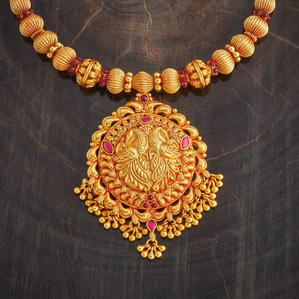 Kushal'S Fashion Jewellery Ruby Gold-Plated Ethnic 92.5 Pure Silver Temple Necklace - 426446 : 426446