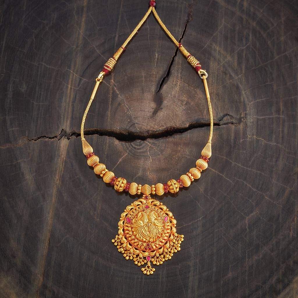 Kushal'S Fashion Jewellery Ruby Gold-Plated Ethnic 92.5 Pure Silver Temple Necklace - 426446 : 426446