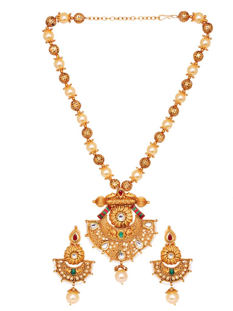 Antique Gold Plated Kundan Studded Rajwadi Pendant Jewellery Set