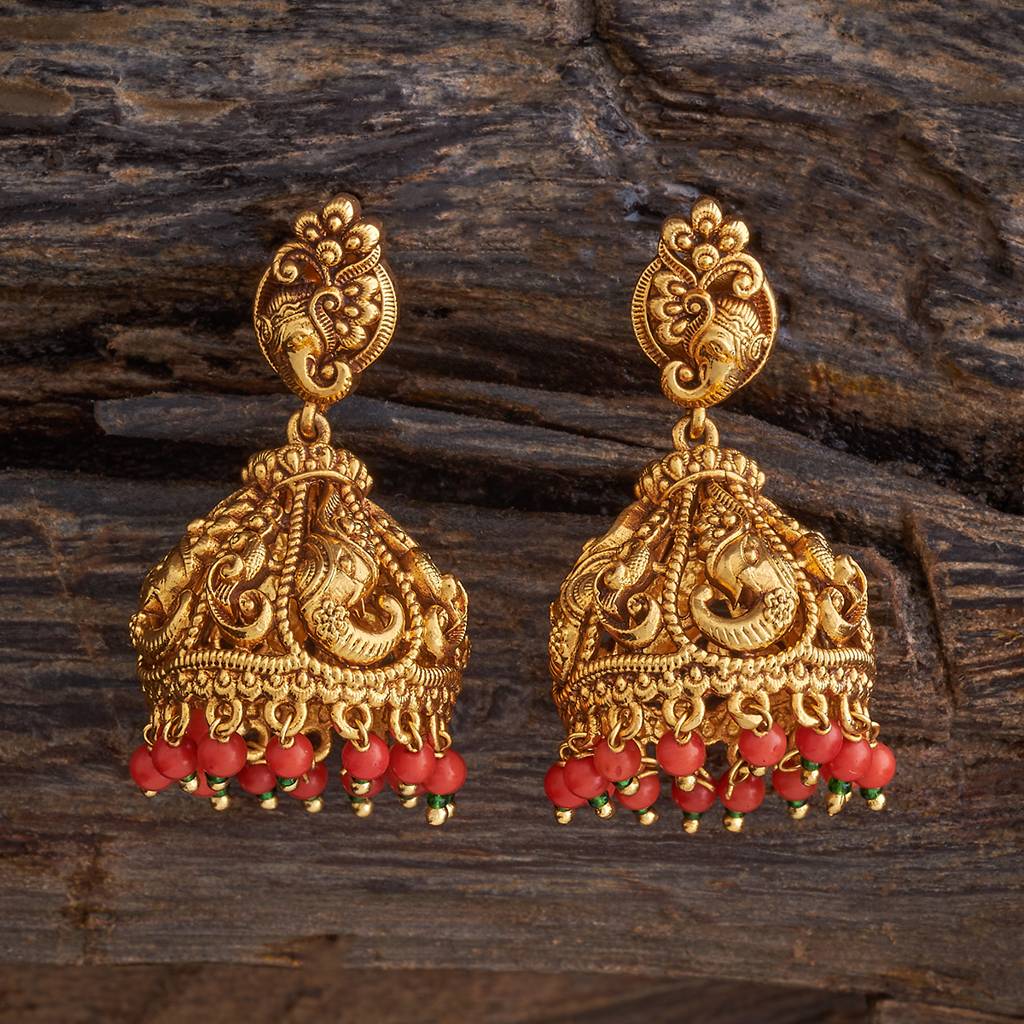Kushal'S Fashion Jewellery Coral Gold-Plated Ethnic Antique Jhumkas - 433995 : 433995