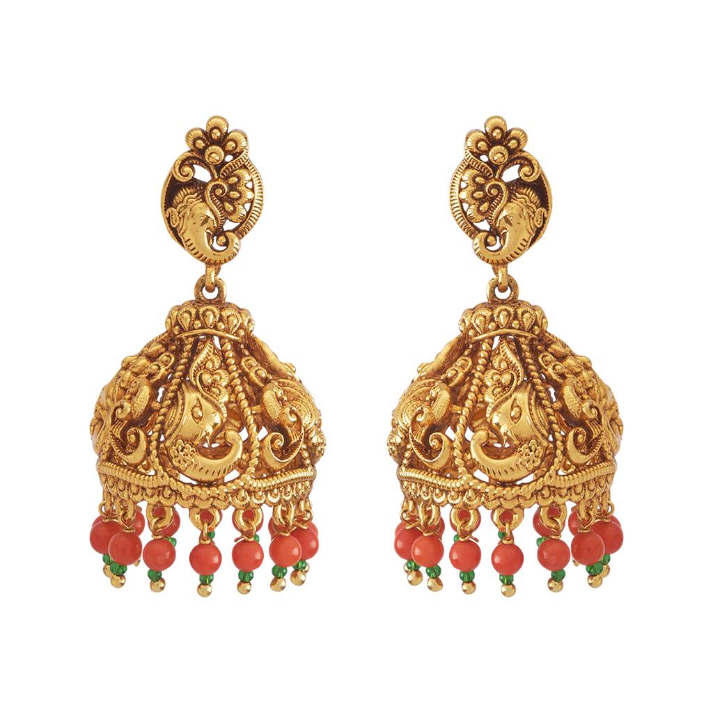 Kushal'S Fashion Jewellery Coral Gold-Plated Ethnic Antique Jhumkas - 433995 : 433995
