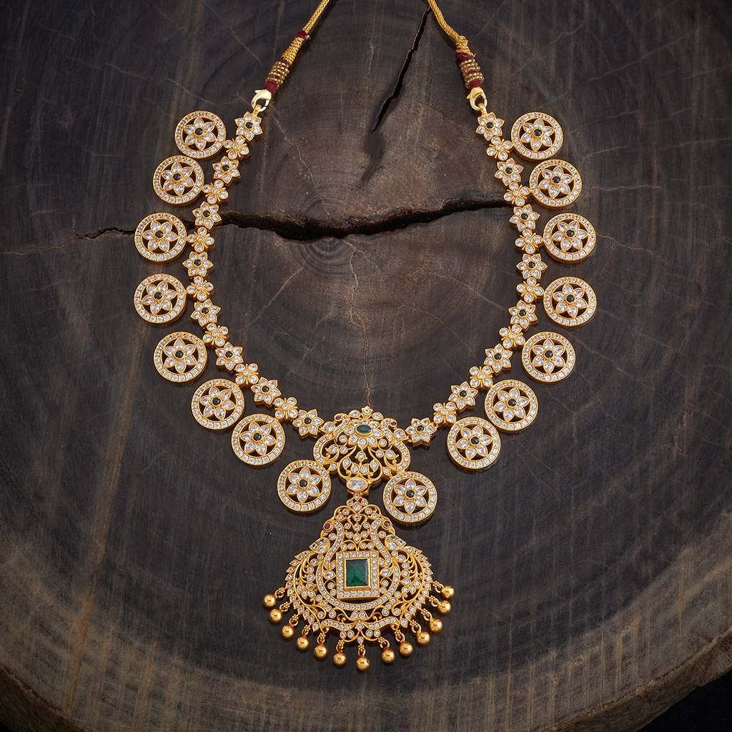 Kushal'S Fashion Jewellery Green Gold-Plated Ethnic 92.5 Pure Silver Temple Necklace - 426600 : 426600