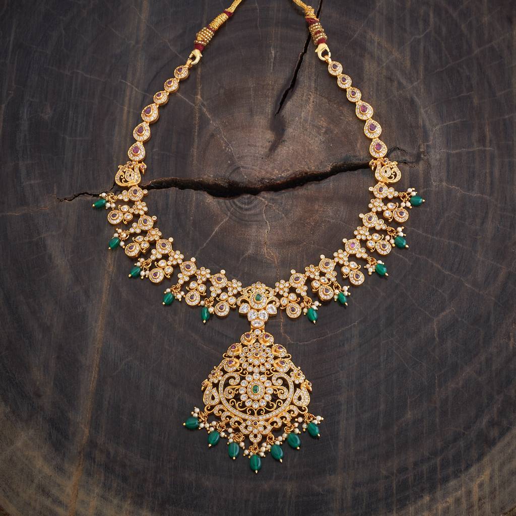 Kushal'S Fashion Jewellery Ruby-Green Gold-Plated Ethnic 92.5 Pure Silver Temple Necklace - 426601 : 426601