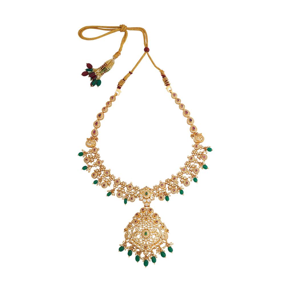Kushal'S Fashion Jewellery Ruby-Green Gold-Plated Ethnic 92.5 Pure Silver Temple Necklace - 426601 : 426601